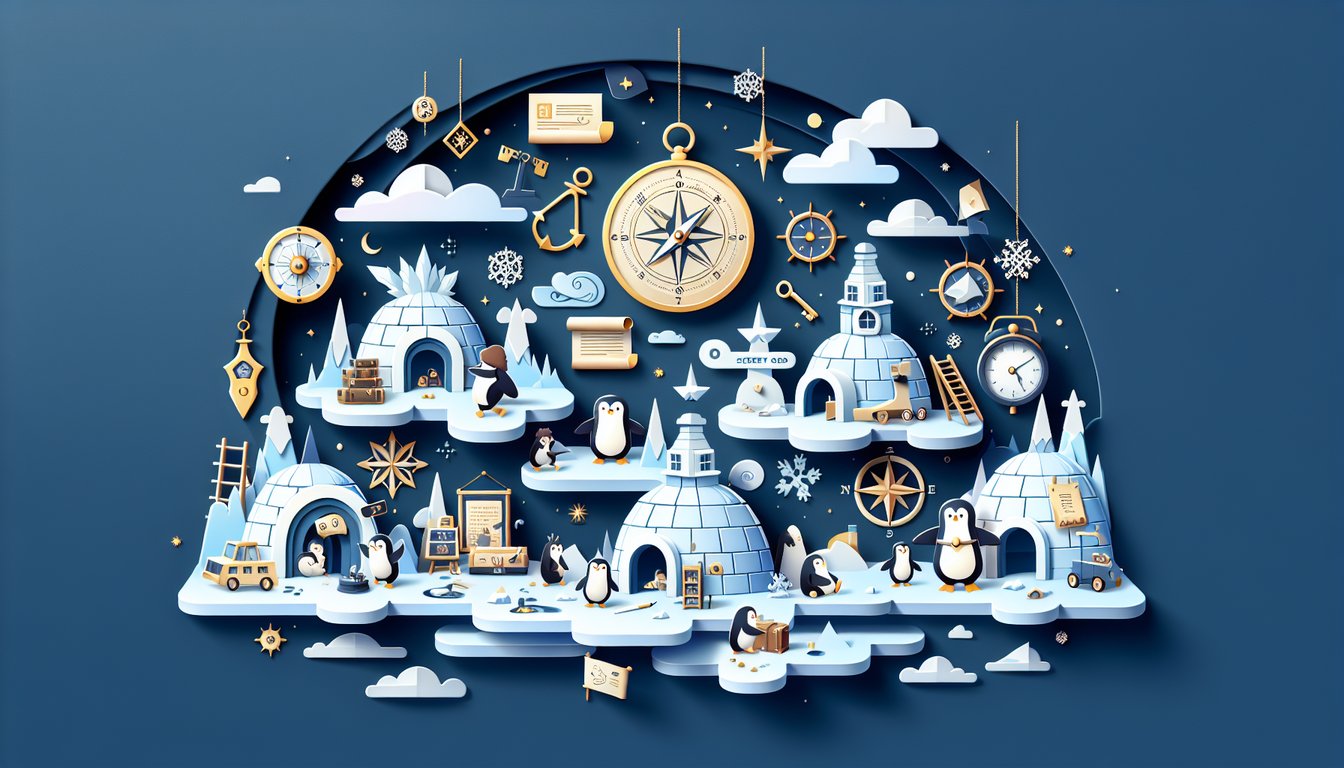 Paper art scene with penguins igloos secret code symbols on dark blue background for Club Penguin quiz.