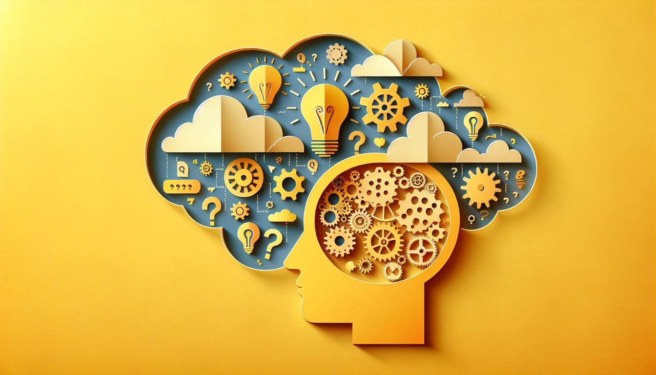 Paper art illustration for overthinking test quiz on a golden yellow background