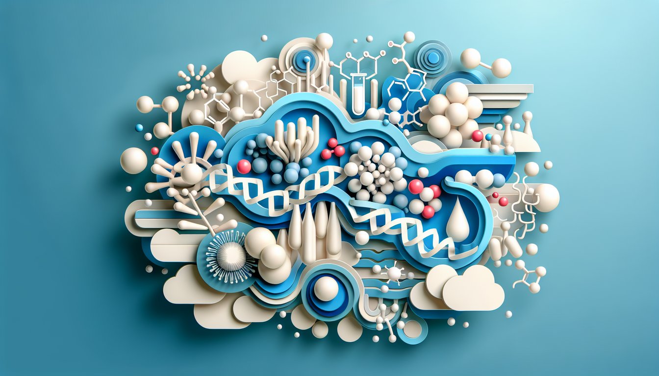 Biological molecules quiz with stylized paper art carbohydrates proteins lipids on sky blue background.