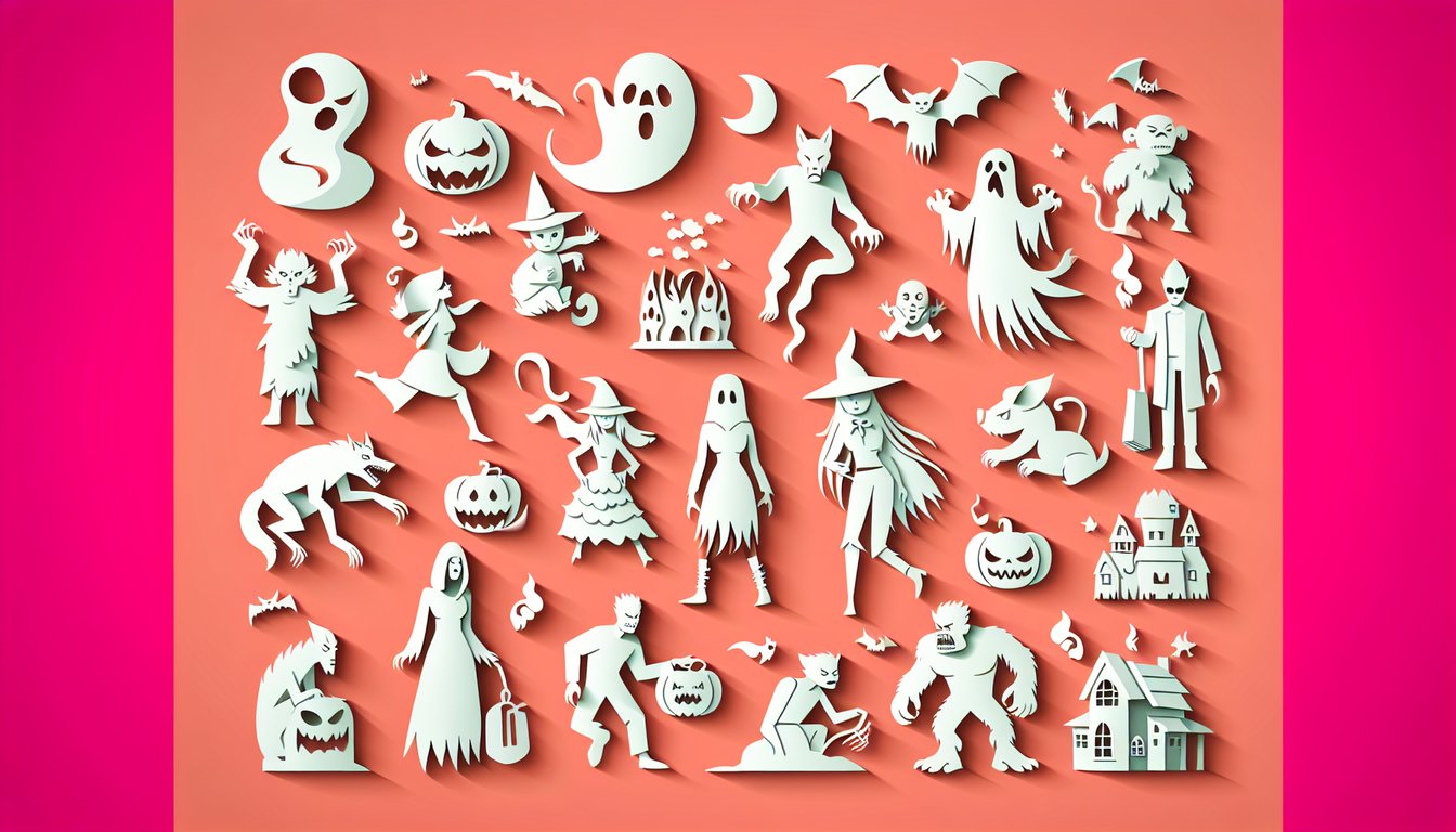 Paper art with spooky silhouettes of bat, spider, haunted house on coral background for creepy creature quiz