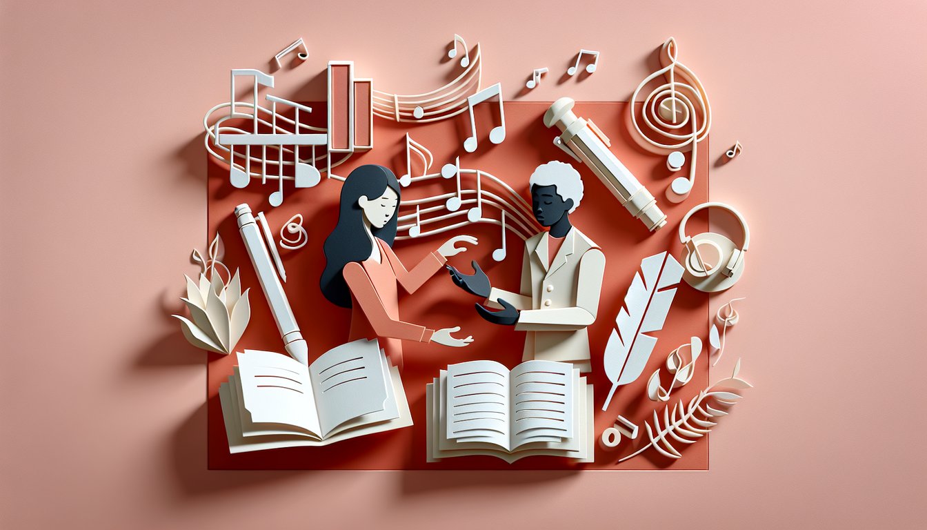 paper art illustration for Disney lyrics quiz featuring iconic song lyrics on coral background, playful cutout shapes