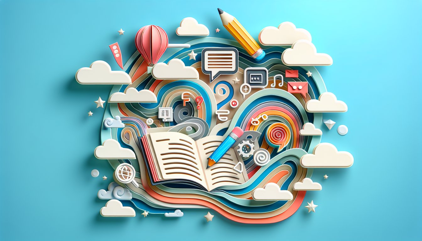 Paper art illustration of quiz challenge text on layered paper shapes with book and pencil motifs on sky blue background.