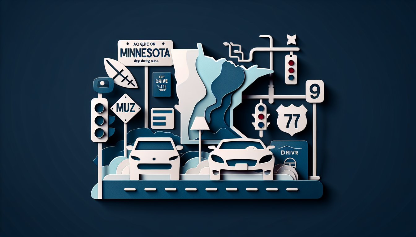 Paper art style Minnesota driving quiz scene with stop sign speed limit sign steering wheel law book on dark blue background