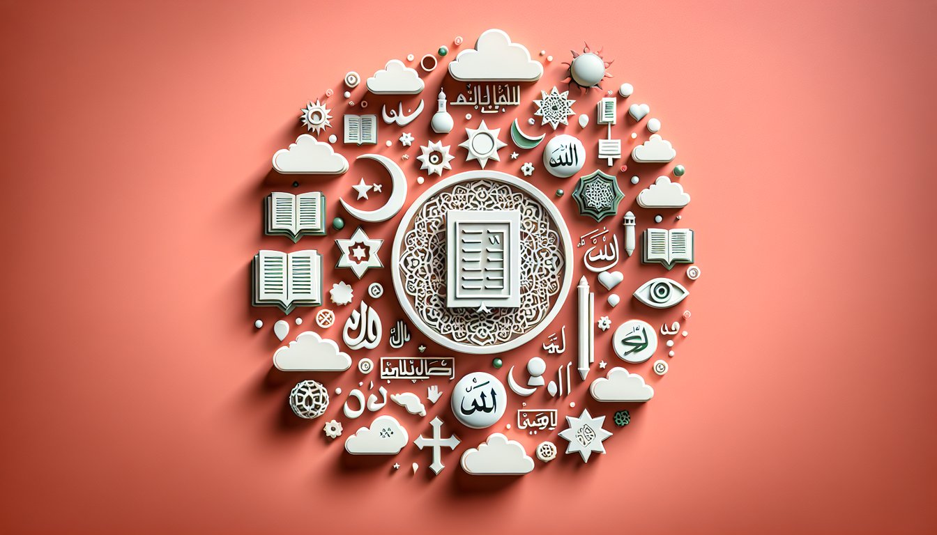 Paper art illustration for 99 Names of Allah quiz on a coral background