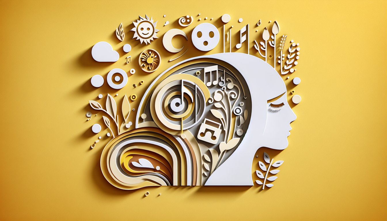 Paper art cutout portrait of a female singer with ponytail music notes and quiz icons on golden yellow background