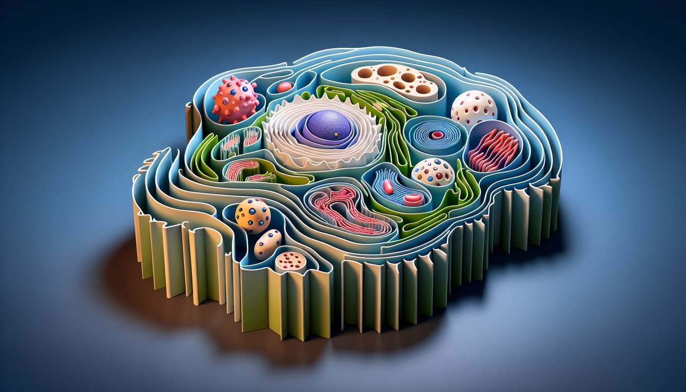 Paper art illustration for a cell biology quiz featuring organelles on a dark blue background.
