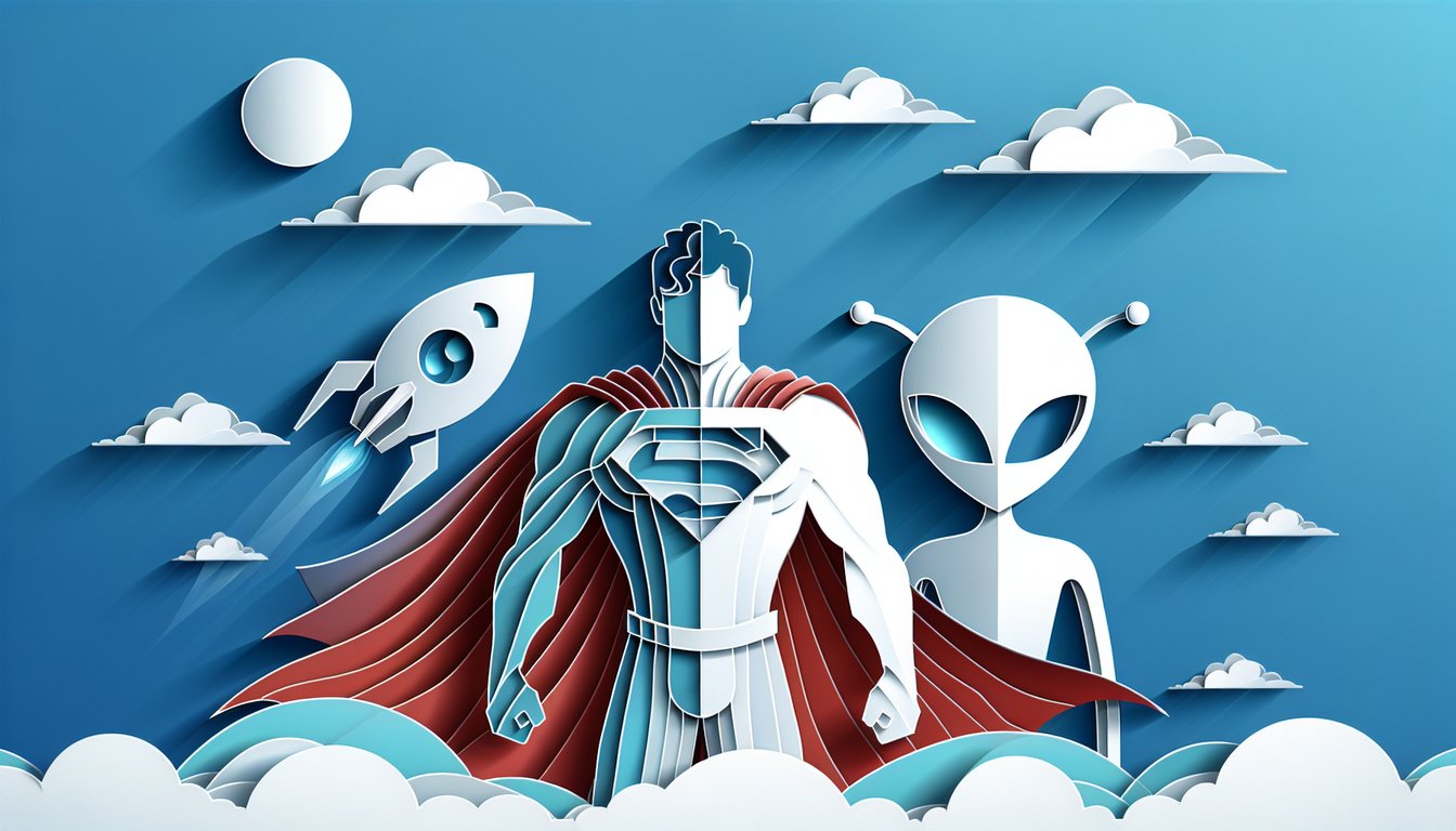 Paper art illustration for Monsters vs Aliens characters quiz on sky blue background