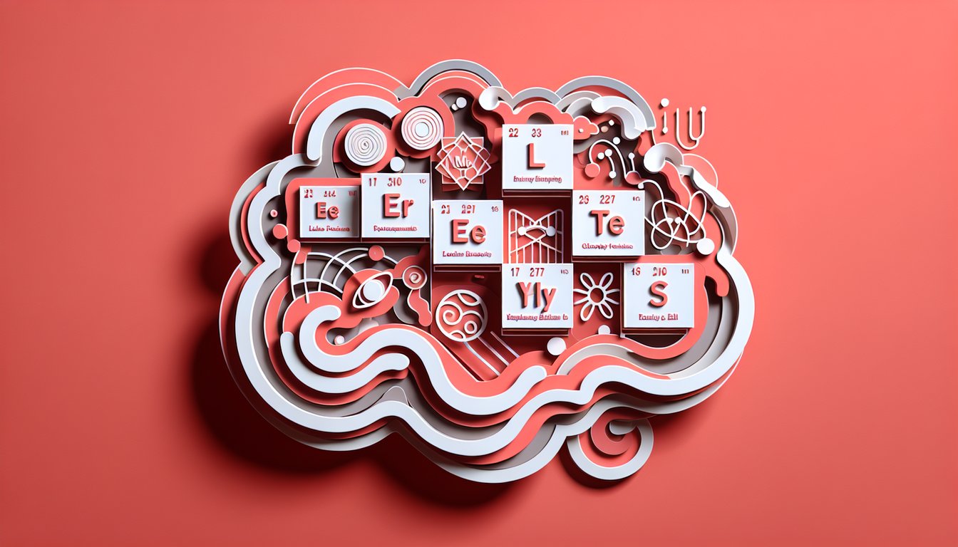 Paper art illustration for a personality quiz linking individuals to periodic elements, on a coral background.