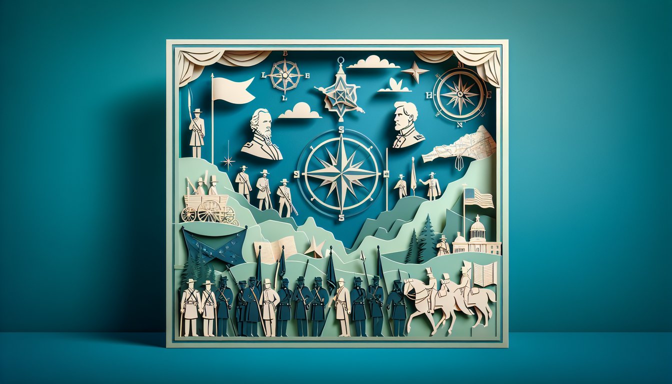 Paper art illustration of Civil War general silhouettes collage with map elements and quiz banner on teal background