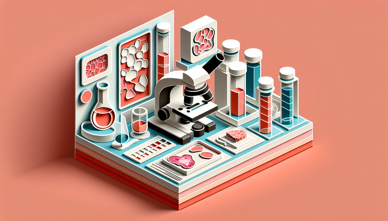 Paper art microscope slides staining tools and tissue samples on coral background for histopathology quiz