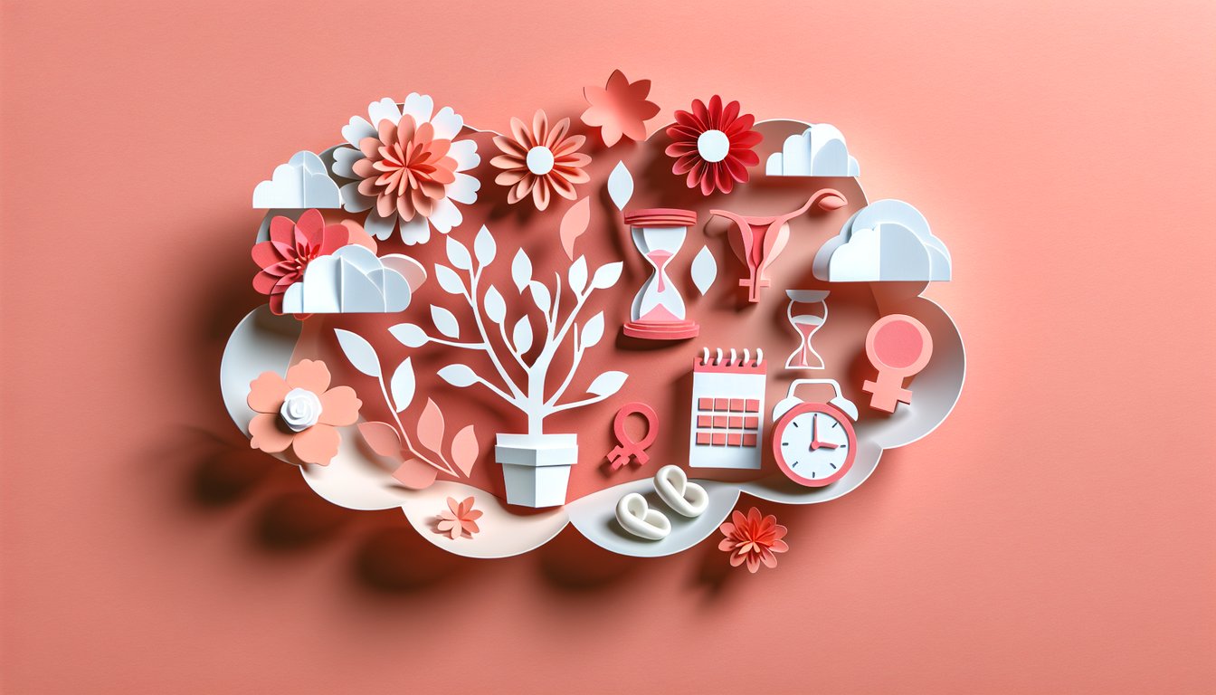 Paper art flowers and family tree on coral background for quiz predicting first period timing from growth signs