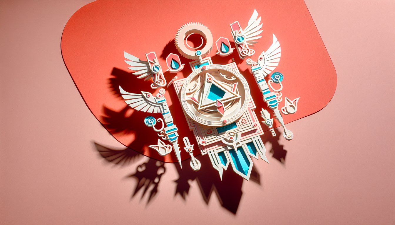 Paper art illustration of golden Millennium Puzzle, ring, key and scale icons floating on coral background for quiz