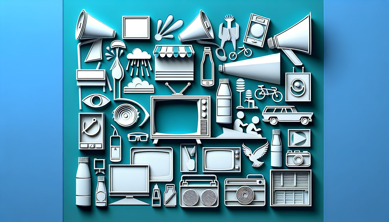 Paper art illustration featuring speech bubbles megaphone brand logos and quiz prompt on teal background