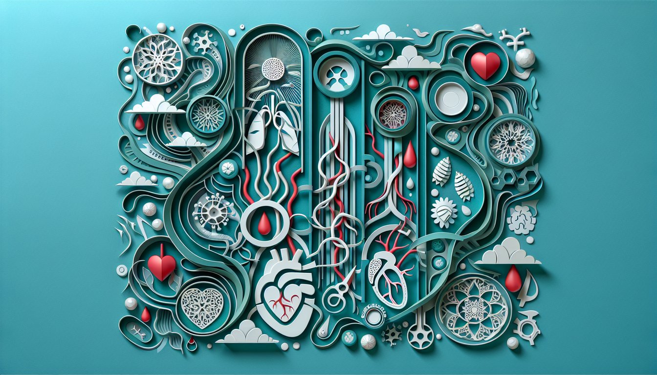 Paper art illustration of heart blood vessels white blood cells on teal background for circulatory system quiz
