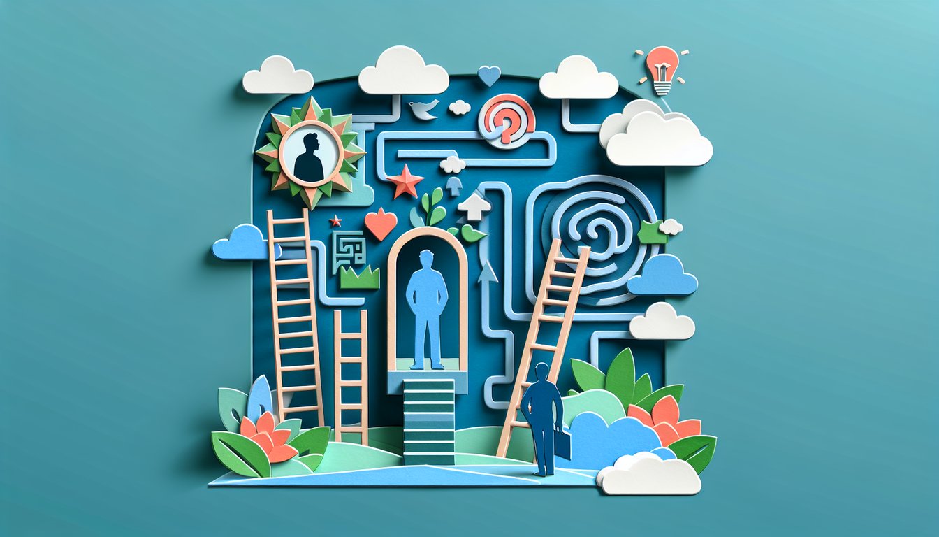 Paper art figures arranged around question mark on teal background symbolizing social anxiety quiz confidence insights
