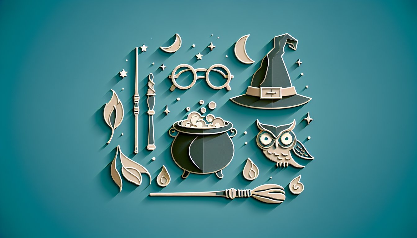 Paper art illustration of wizard hat glasses wand and spell book on teal background promoting wizarding character quiz