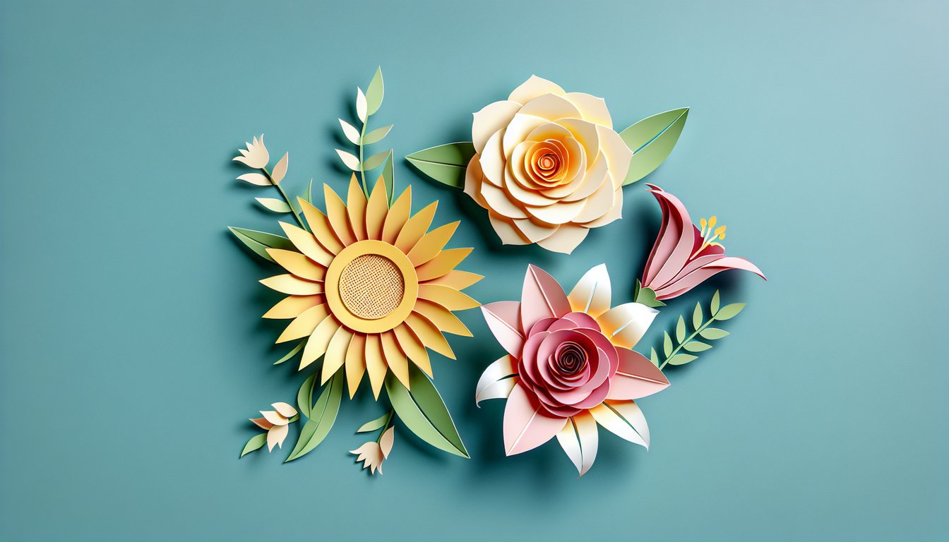 Paper art flowers sunflower rose lily on teal background with text inviting favorite flower personality quiz