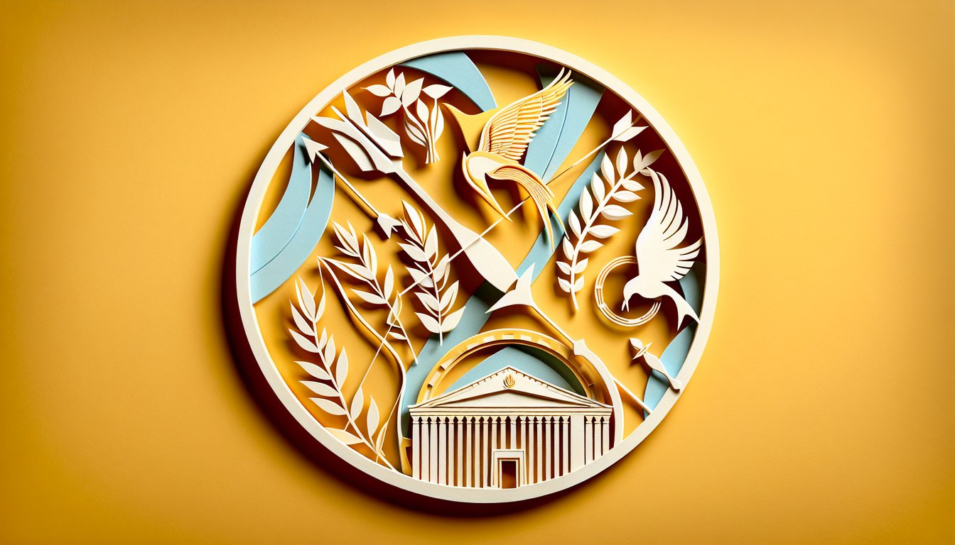 Paper art quiz testing knowledge of The Hunger Games chapters 12-15 on golden yellow background