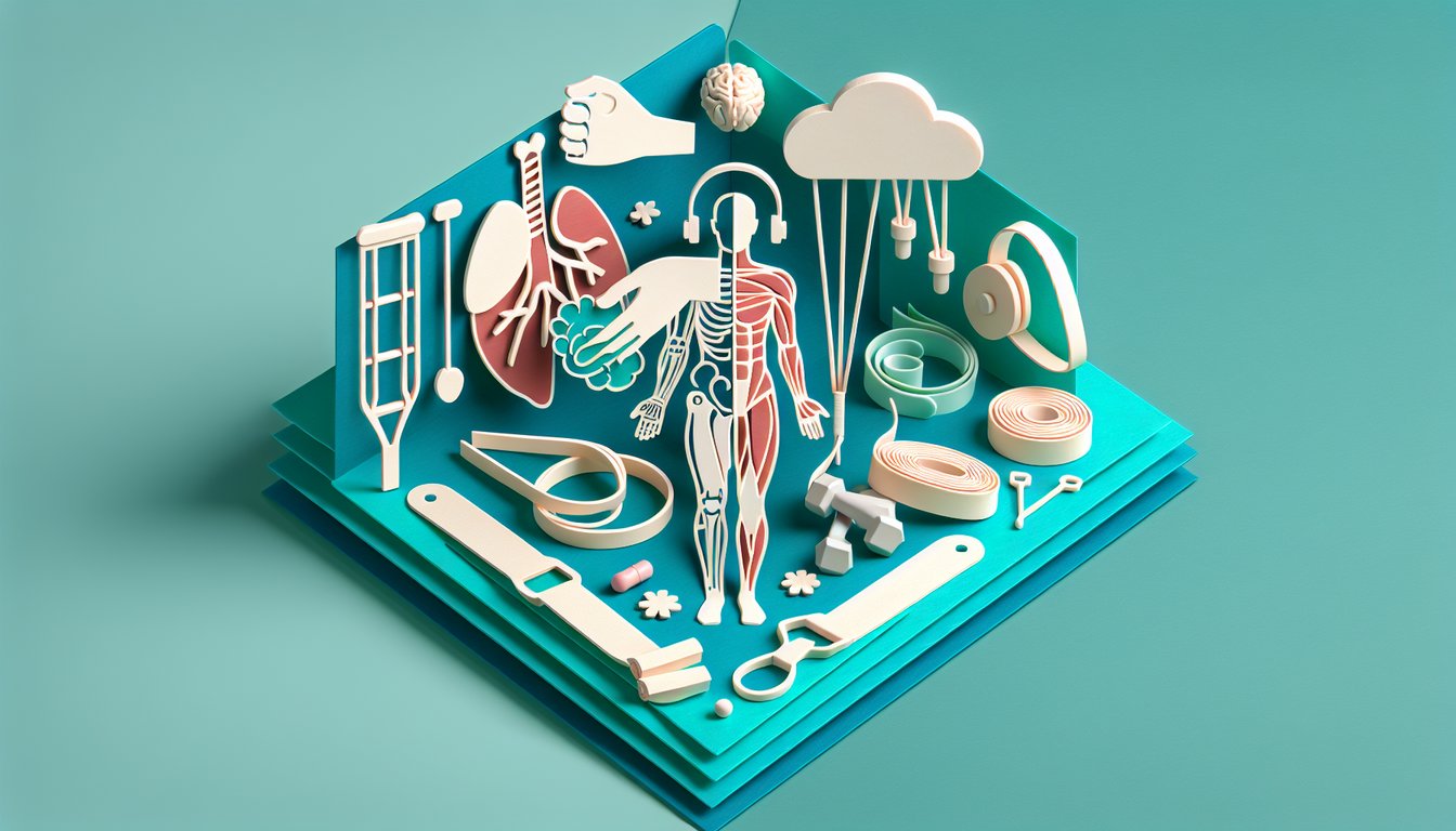 Paper art illustration for physio quiz on teal background featuring trivia, anatomy, and rehab techniques