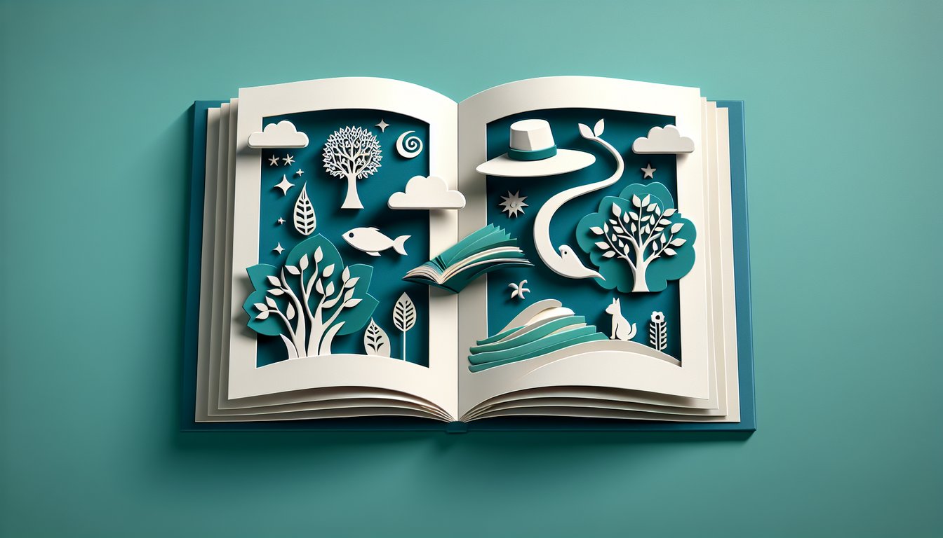 paper art style illustration with playful book pages and whimsical Seuss characters silhouettes on a teal background