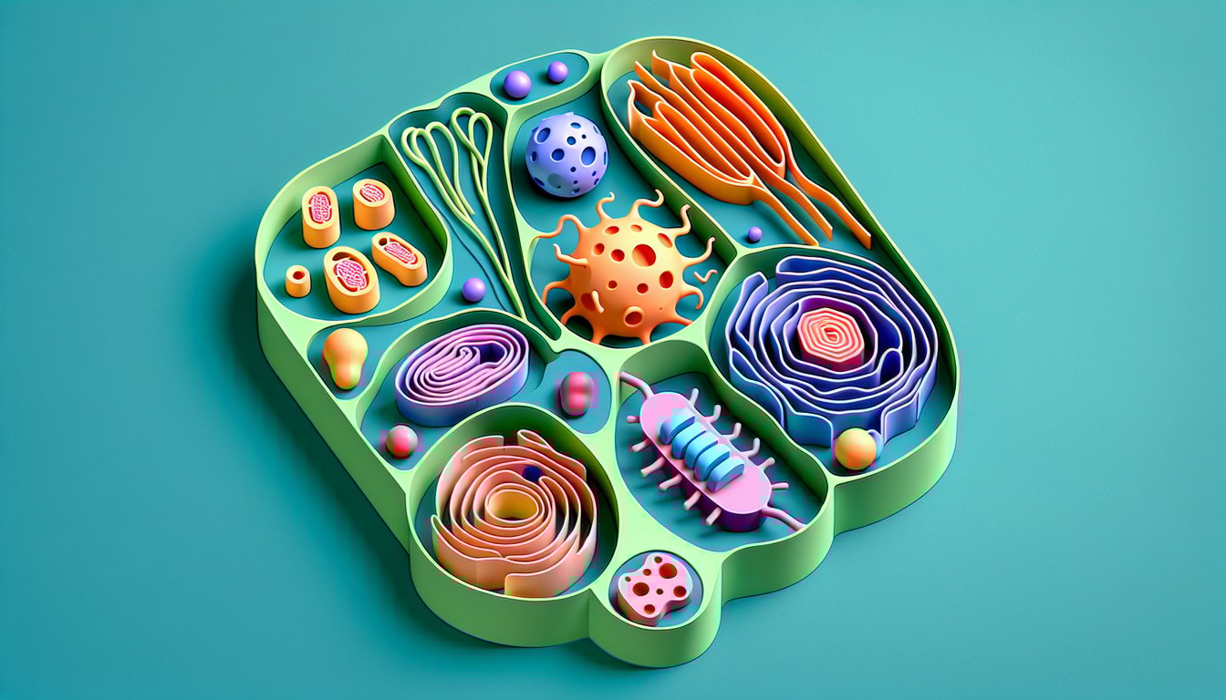 Paper cut cell organelles in bright colors on teal background for a quiz to match your personality with a cell organelle