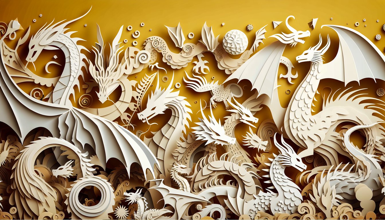 Paper art illustration for How to Train Your Dragon style matching quiz on golden yellow background