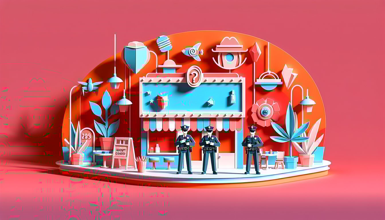 Paper art collage of animatronic masks security camera and ID badge on coral background for FNAF nightguard quiz
