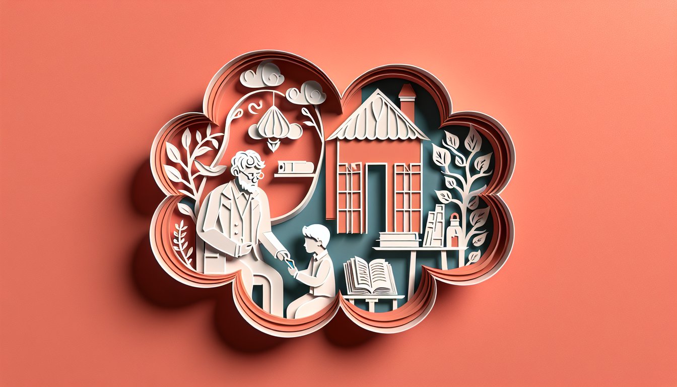 Paper art illustration coral background layered silhouettes of children puzzle pieces magnifier abstract peculiar power symbols