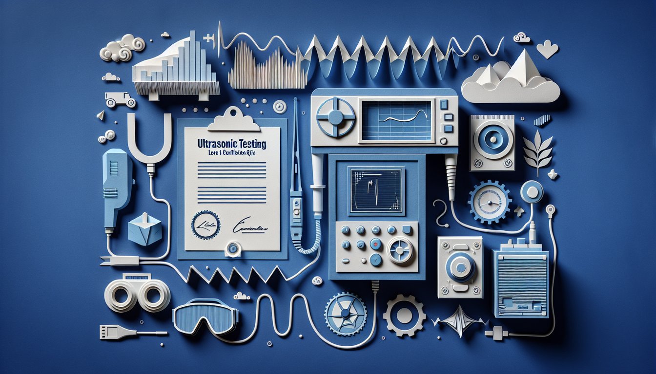 Colorful paper art depicting elements related to Ultrasonic Testing Level 1 Certification Quiz.
