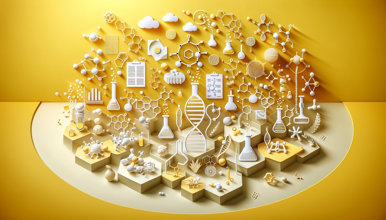 Paper cutout style biochemistry quiz scene with DNA helix, molecular structures, test tubes on golden yellow background