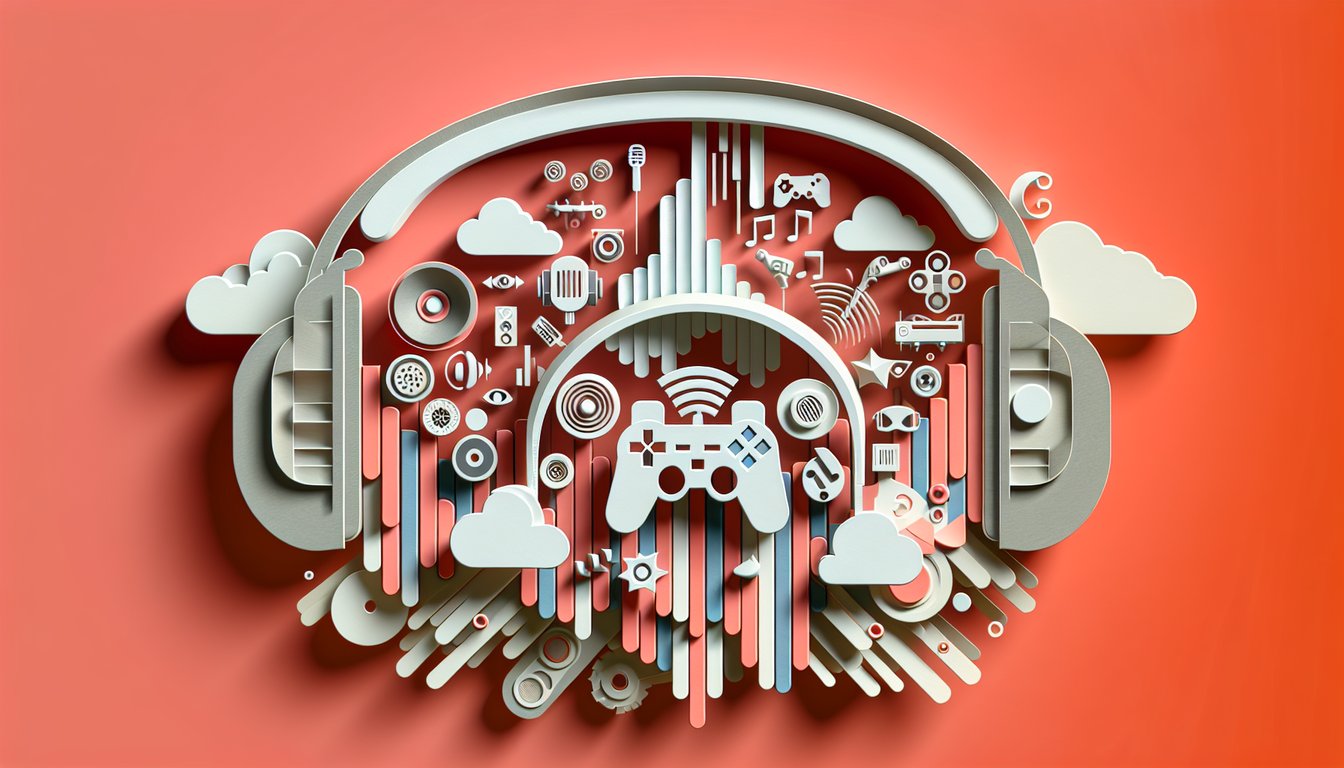 Paper art game controller headphones and sound waves on coral background inviting players to test video game SFX knowledge