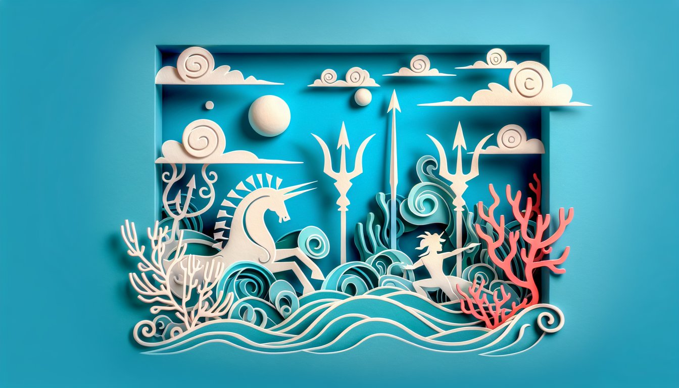 Paper art illustration of Poseidon trident, sea waves, scroll for Percy Jackson quiz on coral background.