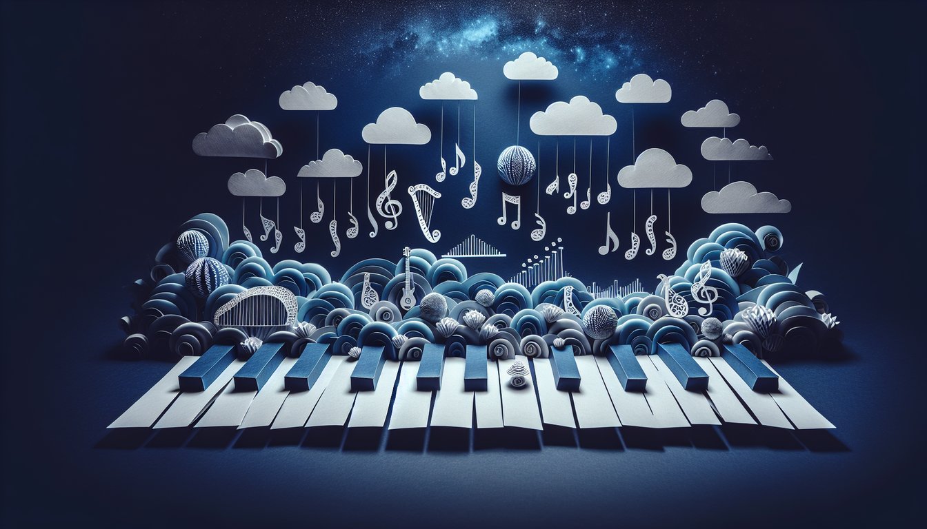 Colorful paper art illustrating a piano quiz on scales and arpeggios knowledge test.