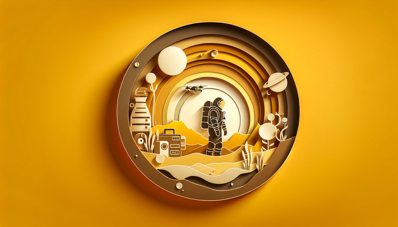 Paper art cutout astronaut Mars landscape question marks on golden yellow background promoting The Martian movie quiz