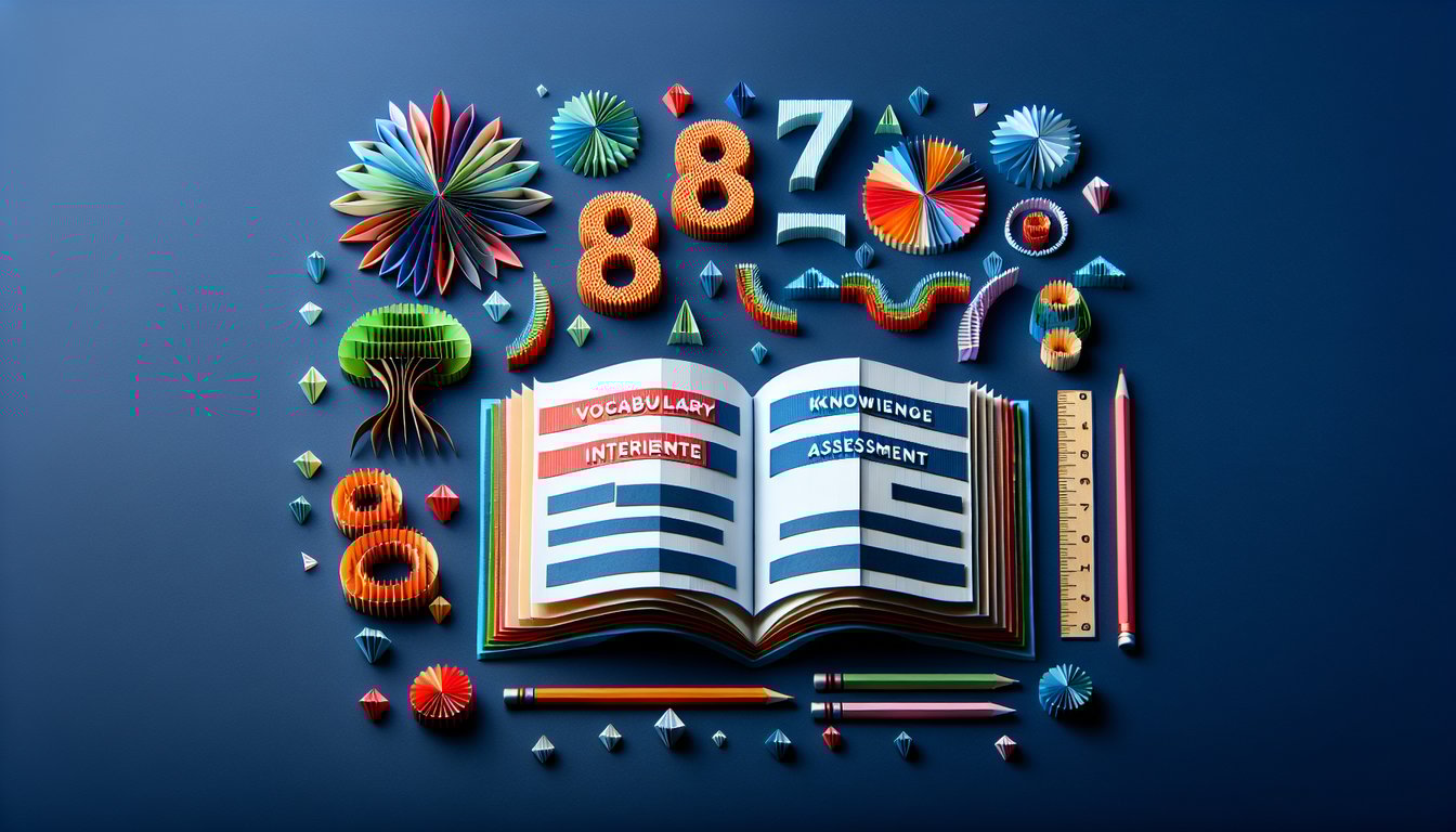 Colorful paper art displaying quiz elements for Vocabulary and Integer Knowledge Assessment