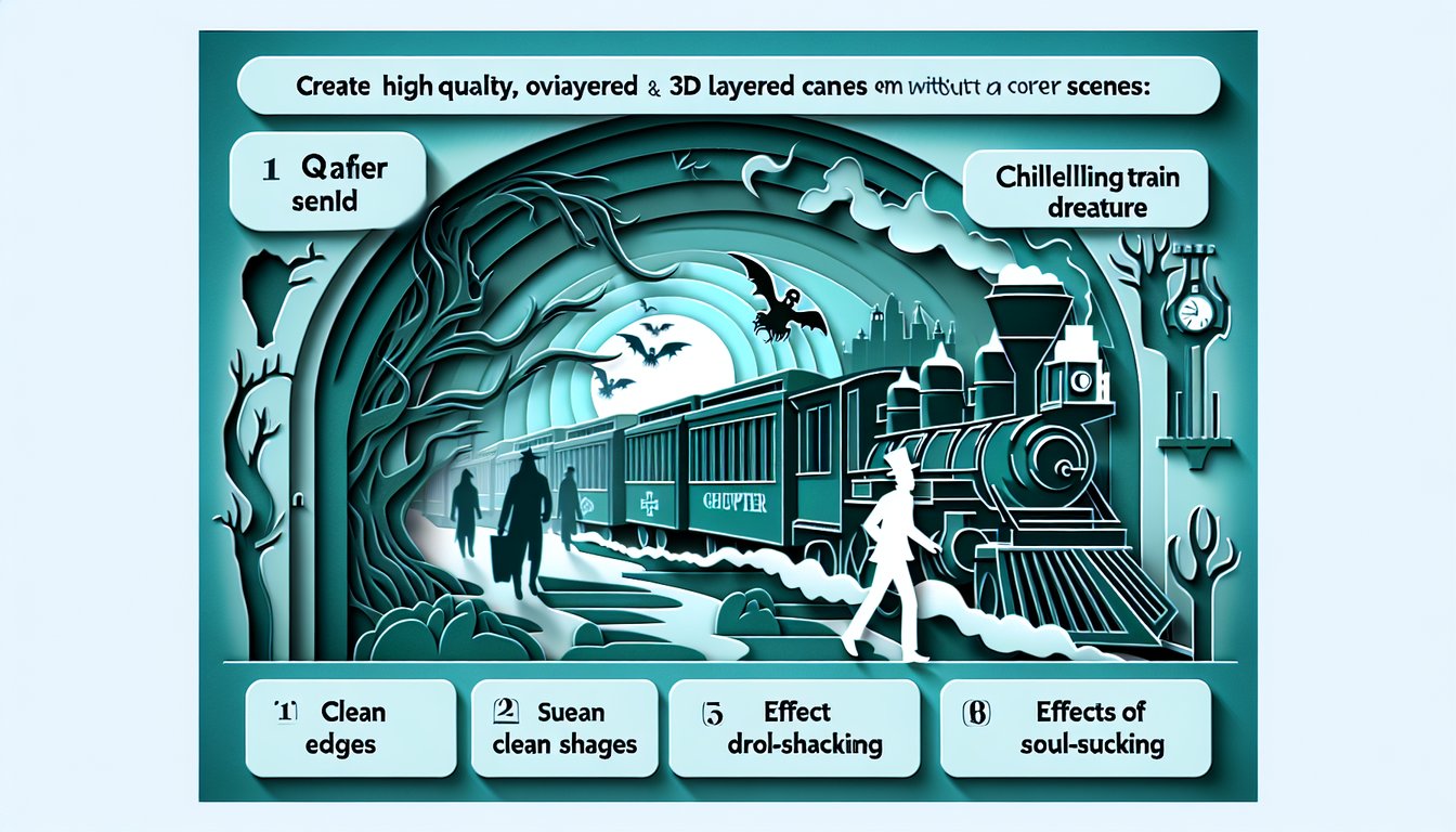 Paper art Dementor looming over Hogwarts Express train on teal background for chilling quiz