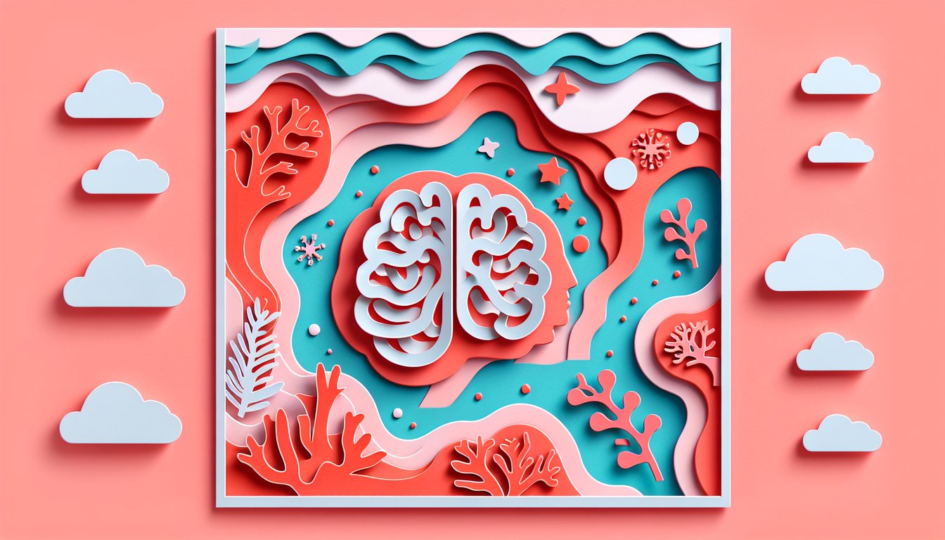Paper art graphic of brain gears checklist on coral background promoting free ADHD or anxiety quiz.
