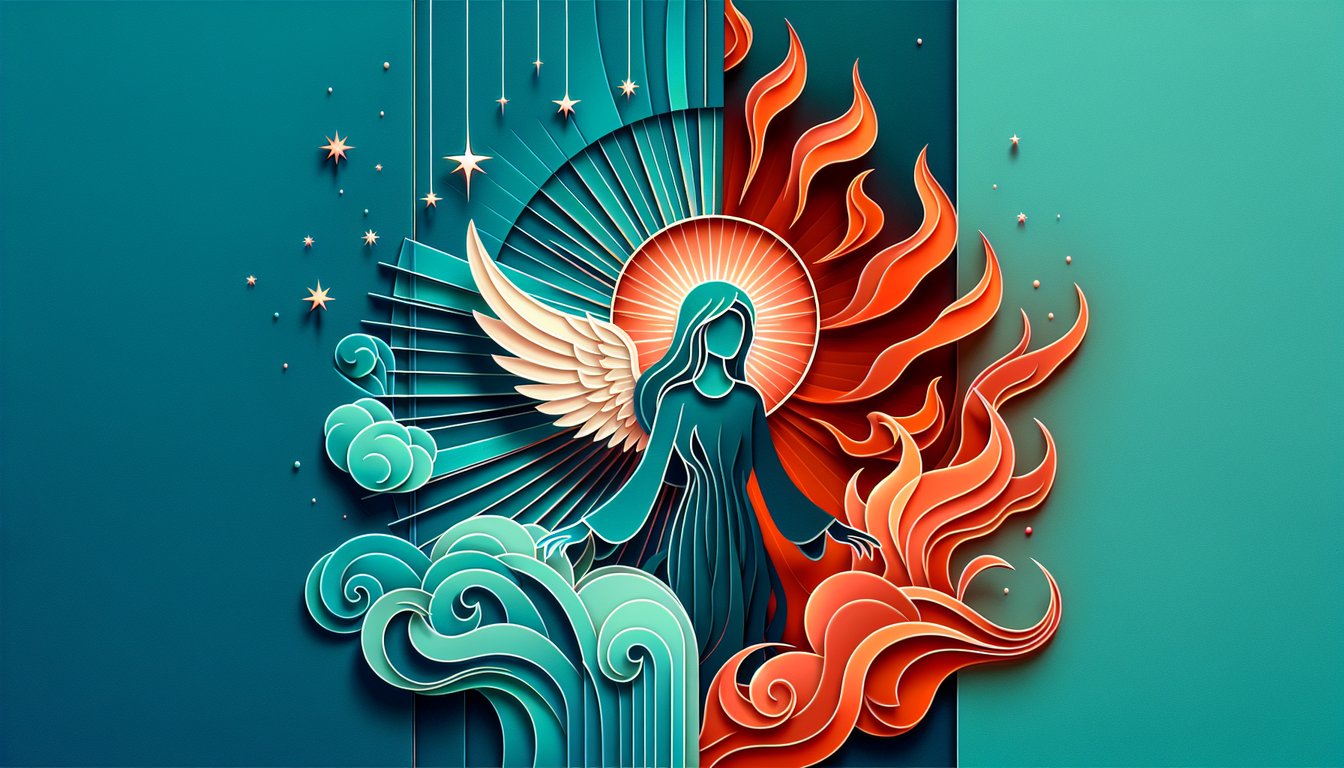 Paper art shows an angel wing and devil horn on teal background for kindness versus mischief personality quiz