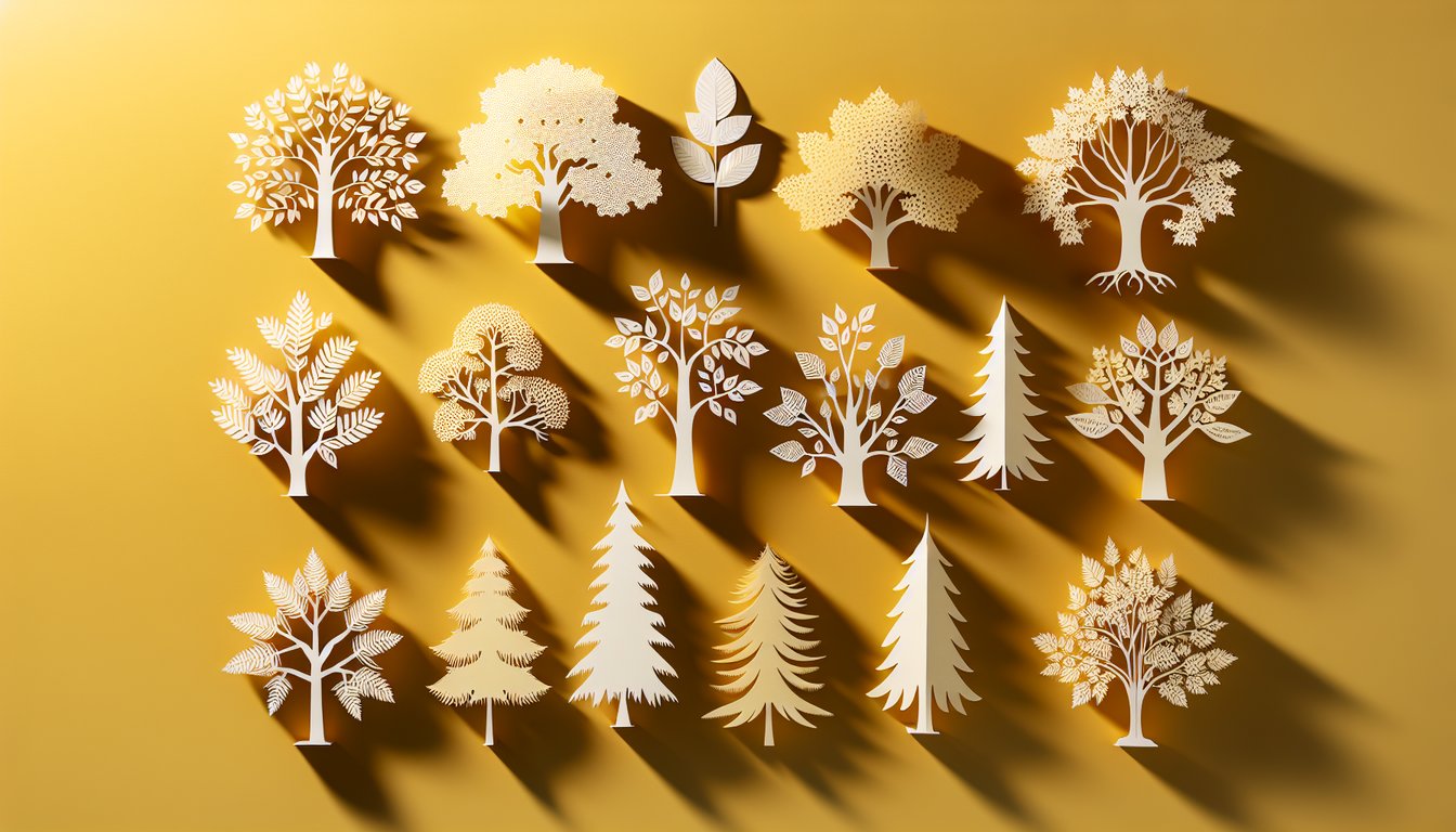Paper art illustration for tree personality quiz on a golden yellow background