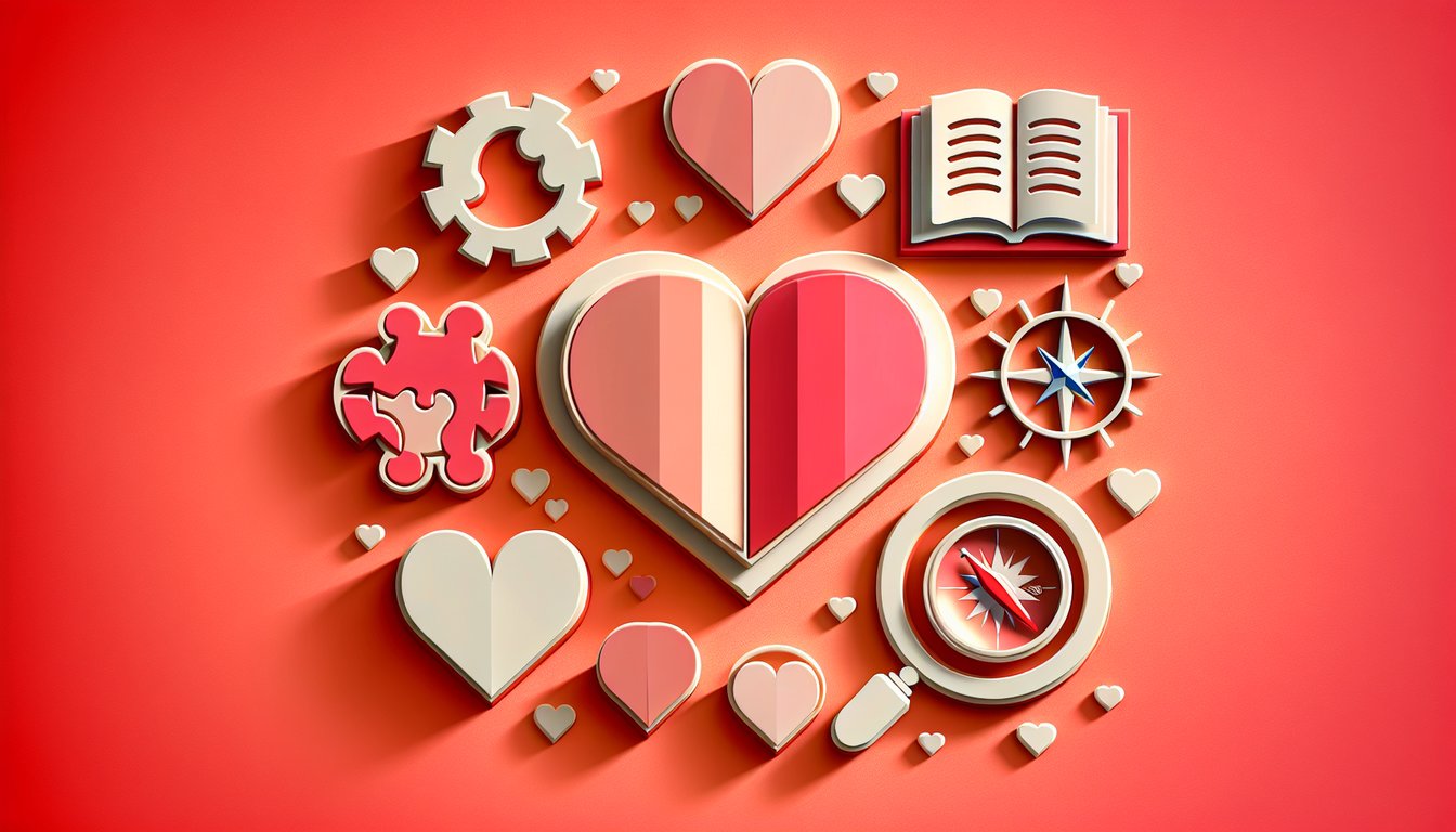 Paper art hearts and speech bubbles on a coral background for a personality quiz about relationship needs
