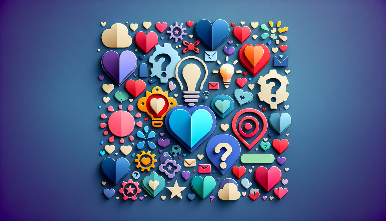 Paper art illustration with hearts chat bubbles and letters on dark blue background inviting nickname quiz for girlfriend