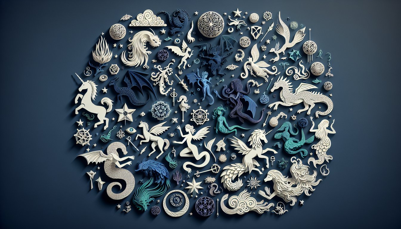 Paper art with winged unicorn and forest shapes for a magical being personality quiz on dark blue background.