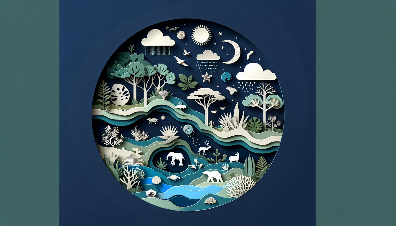 Paper art scene showing forest desert ocean and mountains representing ecosystems and biomes on dark blue background.