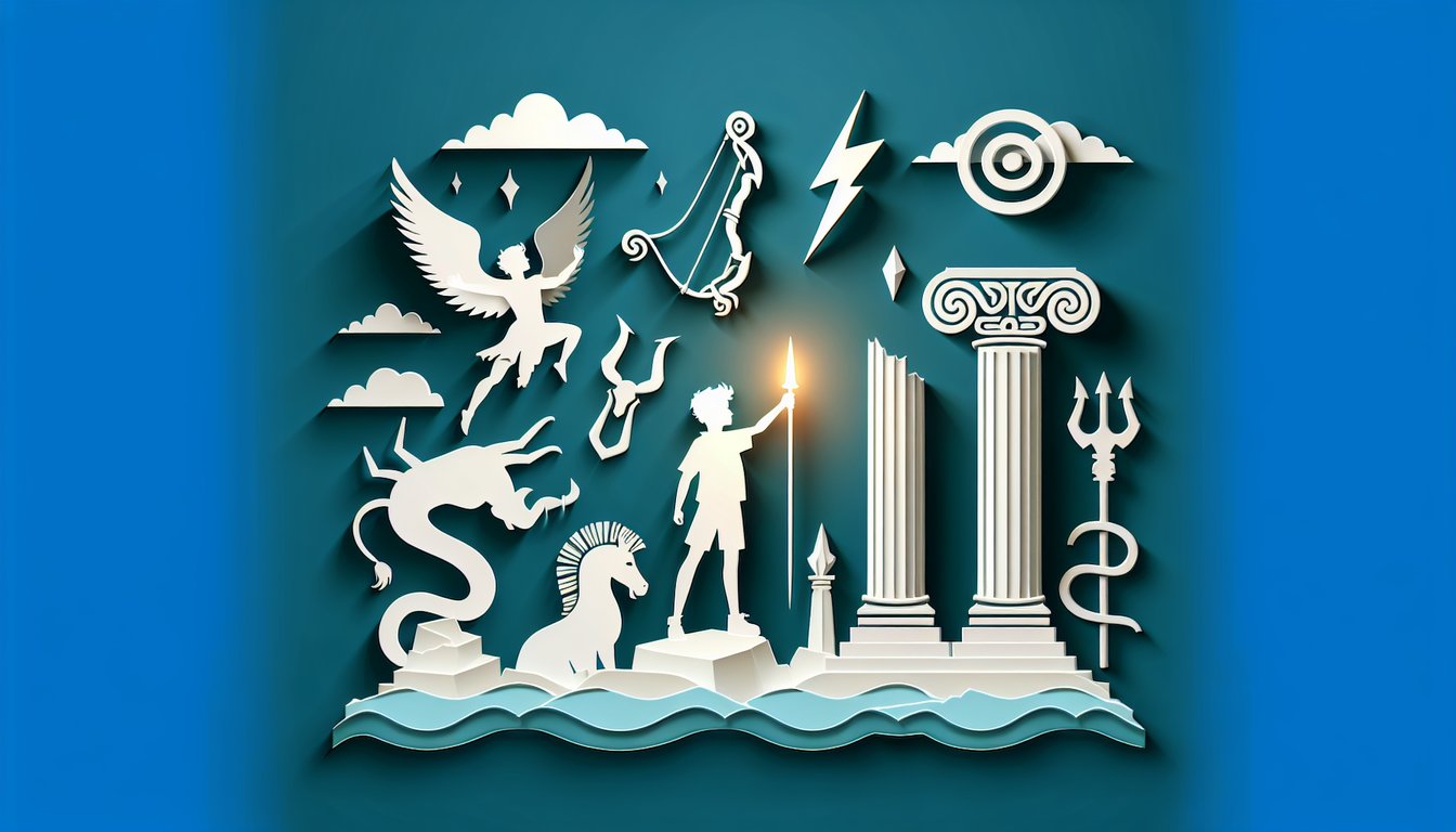 Paper art illustration for Rick Riordan quiz featuring Percy Jackson and Greek myths on teal background