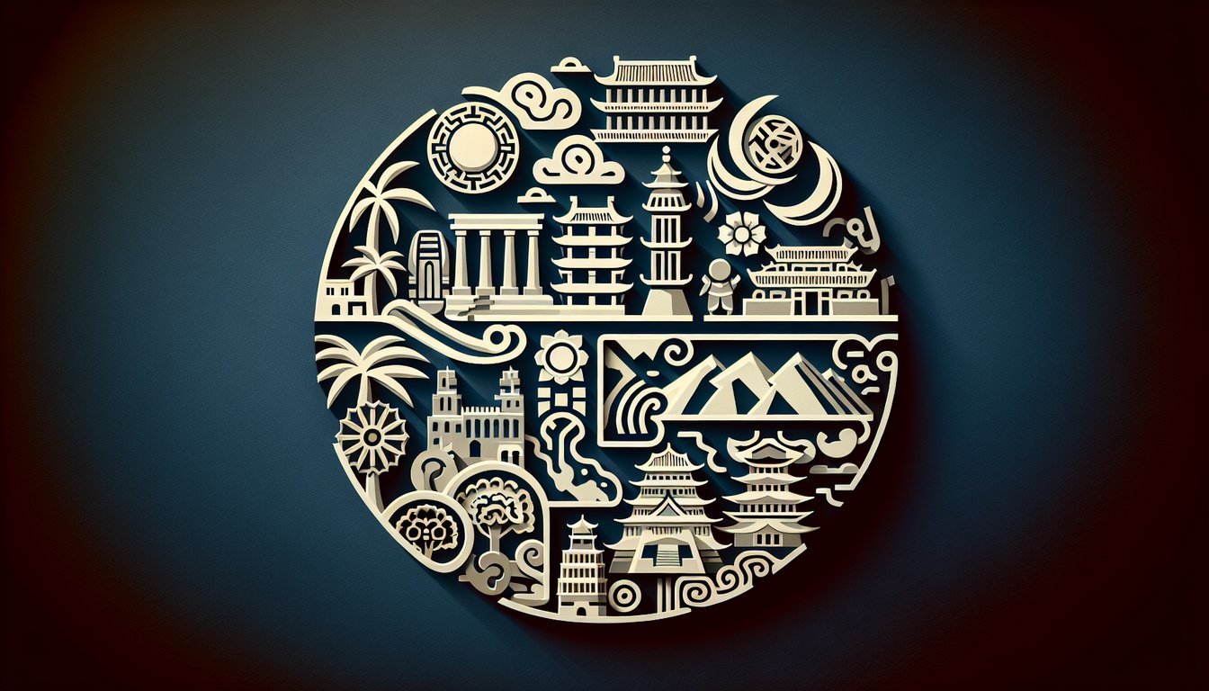 paper art illustration of maps of China Japan Latin America Mexico with imperialism quiz label on dark blue background