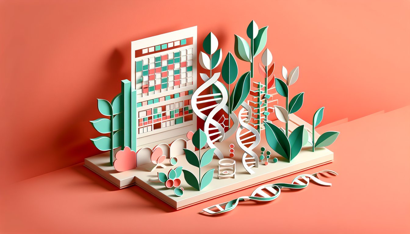 Paper art illustration for a quiz on genotype and phenotype practice, Mendels experiments, and dominance on a coral background.