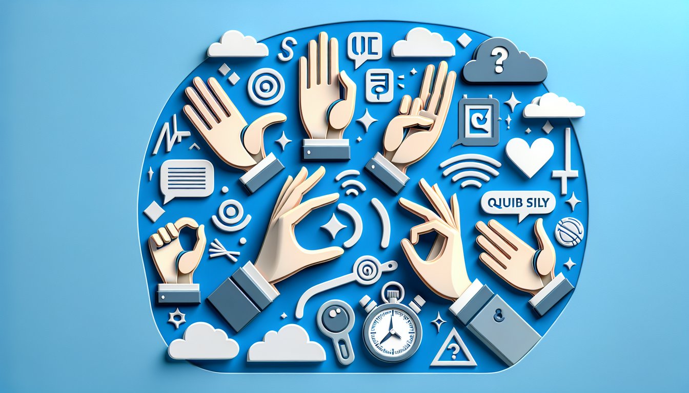 paper art hands shaping ASL letters next to quiz text free sign language quiz 15 questions on sky blue background