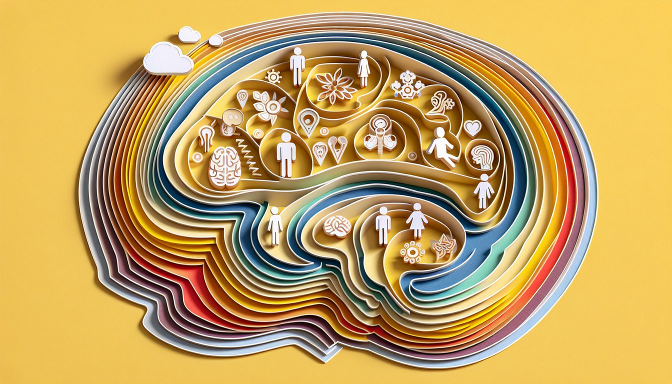 Paper art heads and hearts linked by paper bridges quiz theme on golden yellow background