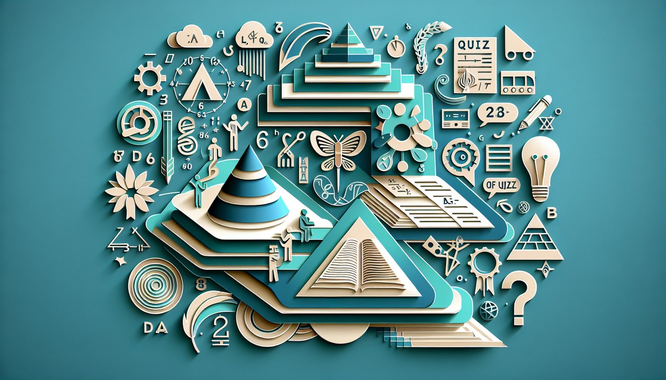 Paper art illustration for 6th grade multi-subject quiz on teal background.