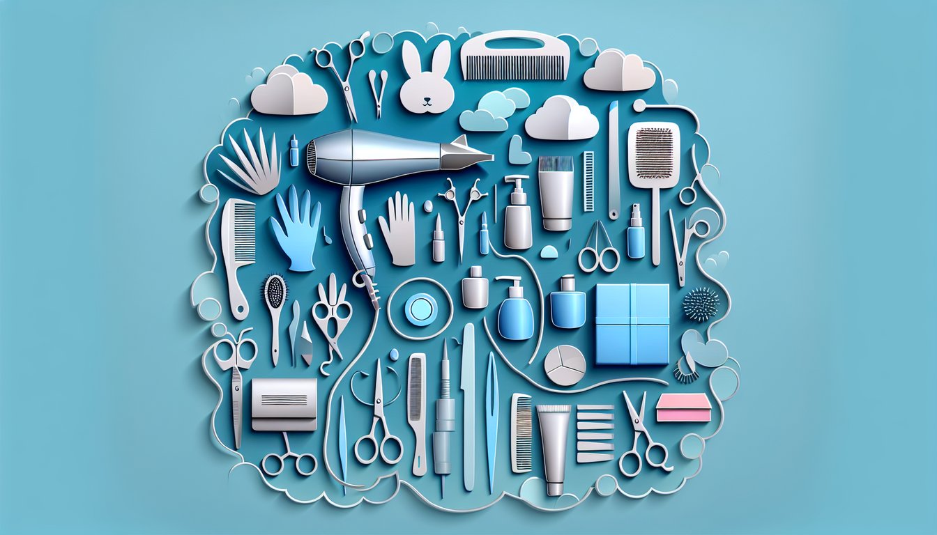 Paper art illustration shows cosmetology quiz paper with scissors, comb, makeup tools and test tubes on sky blue background.